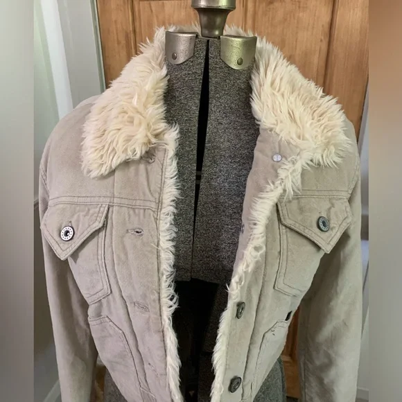Trucker Jacket Medium Tan Cropped Faux Fur Cotton Outer Retro Penny Lane - Picture 3 of 11